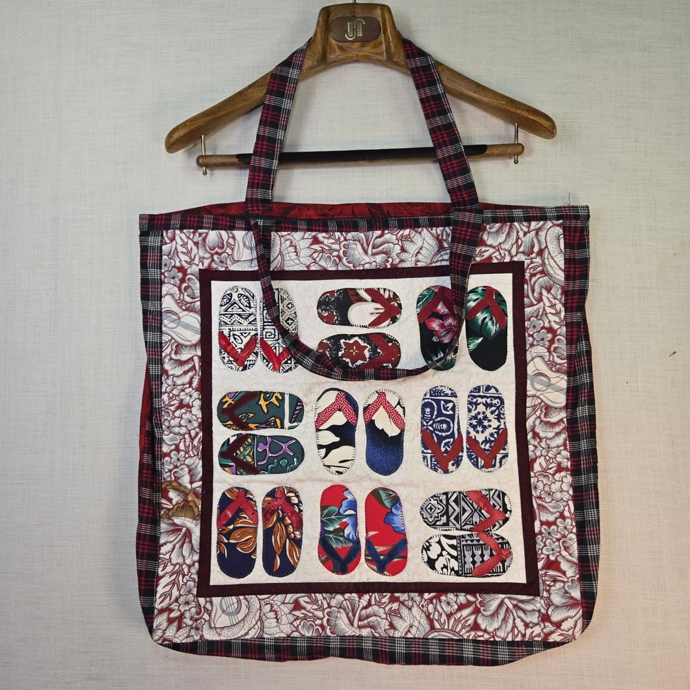 VTG Square Travel Quilted Tote Bag Multi Color Flip Flop Sandal Plaid Mesh Beach